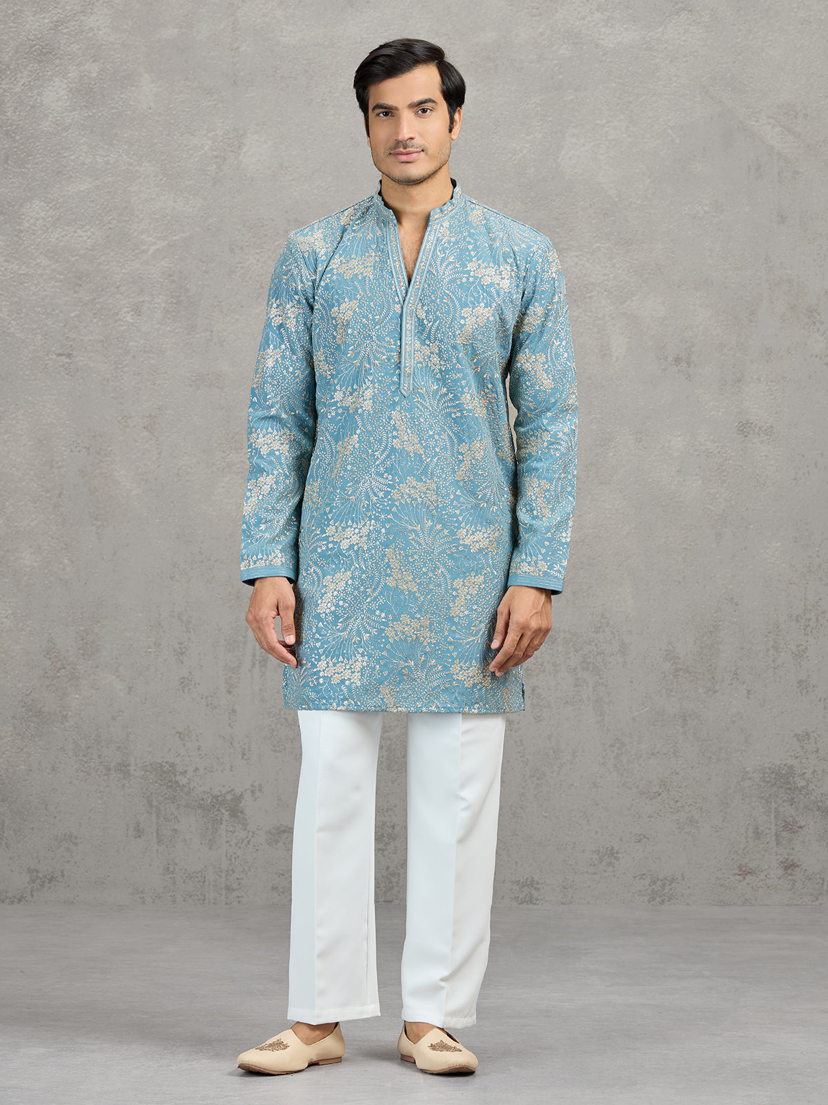 Sky blue korean silk embroidered festive kurta suit
