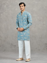 Sky blue korean silk embroidered festive kurta suit