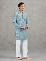 Sky blue korean silk embroidered festive kurta suit
