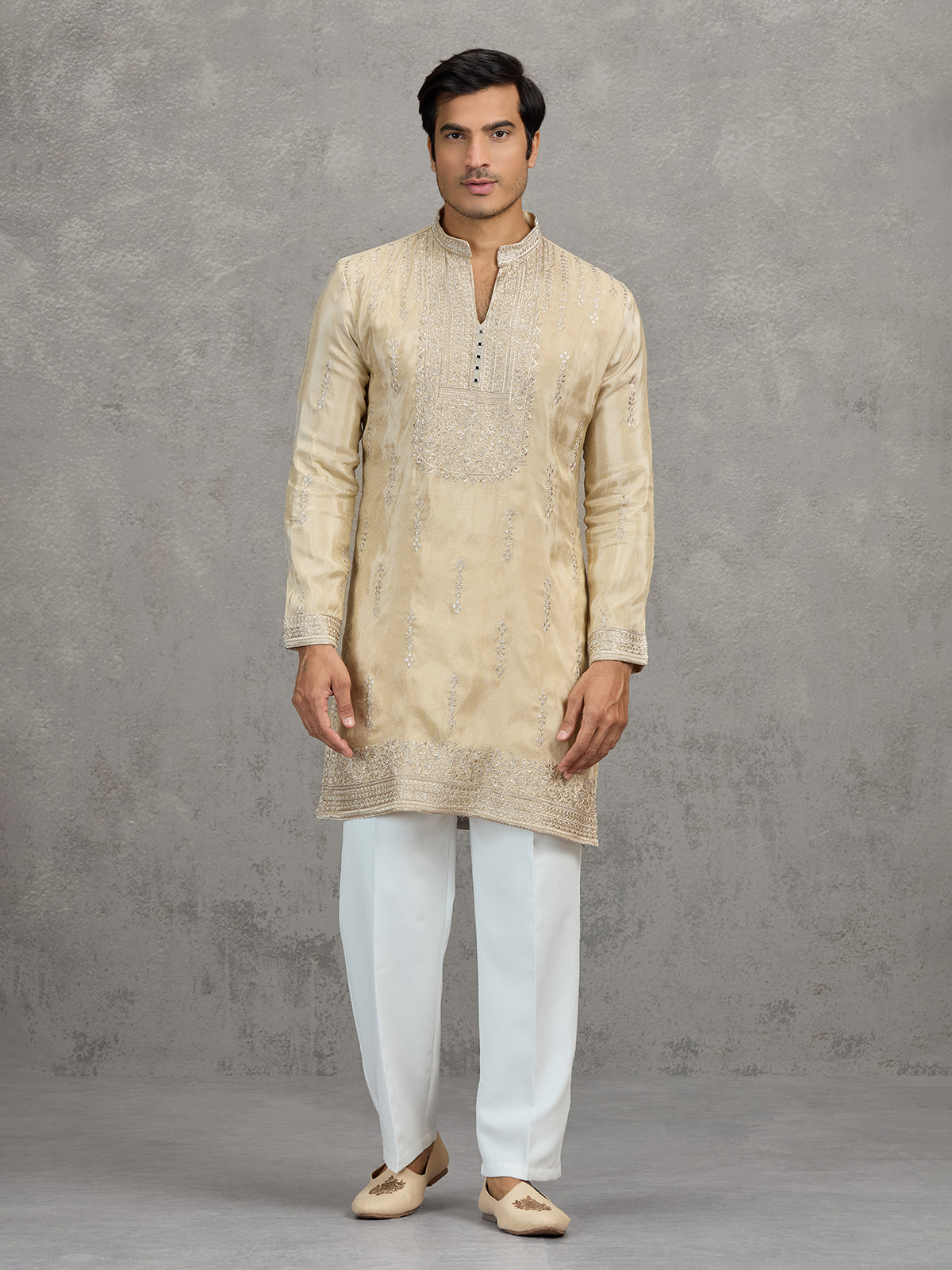 Gold tissue embroidered festive wedding kurta suit