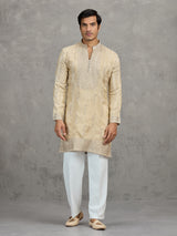 Gold tissue embroidered festive wedding kurta suit