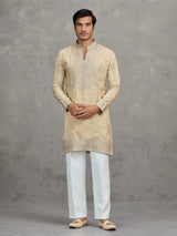 Gold tissue embroidered festive wedding kurta suit
