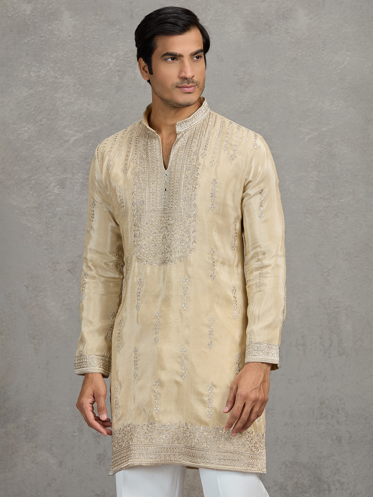 Gold tissue embroidered festive wedding kurta suit