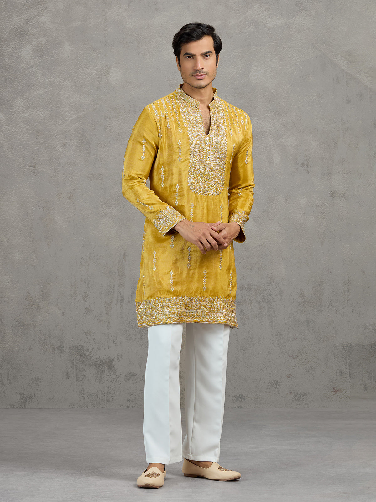 Mustard yellow shaded tissue embroidered haldi kurta suit