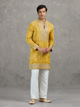 Mustard yellow shaded tissue embroidered haldi kurta suit