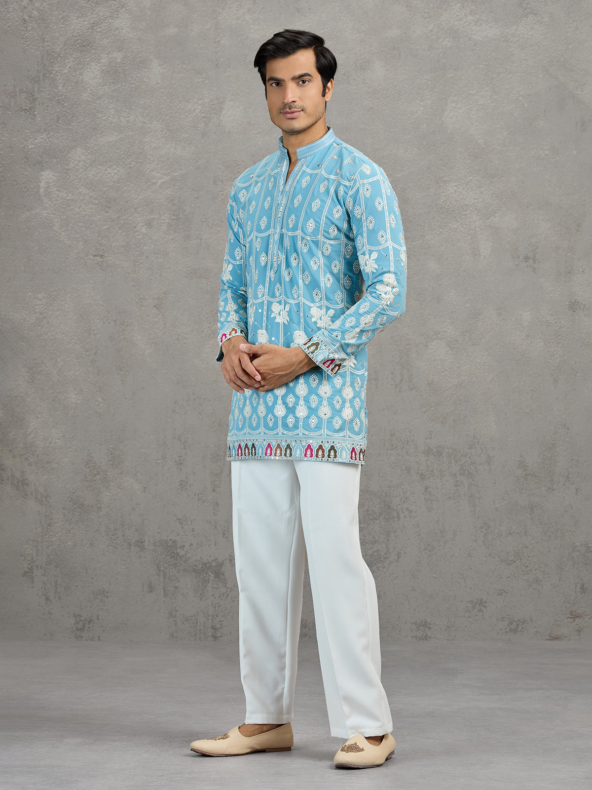 Sky blue short silk embroidered festive kurta suit