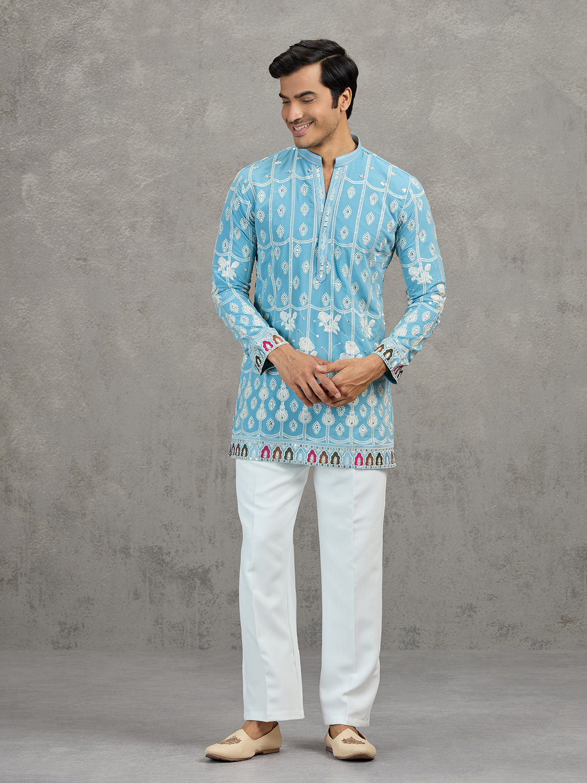 Sky blue short silk embroidered festive kurta suit