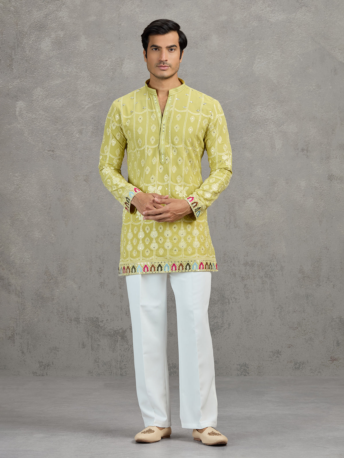 Pista green short silk embroidered festive kurta suit