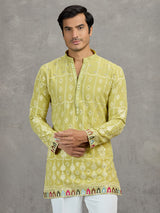Pista green short silk embroidered festive kurta suit
