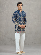 Navy blue short silk embroidered festive kurta suit
