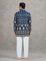 Navy blue short silk embroidered festive kurta suit