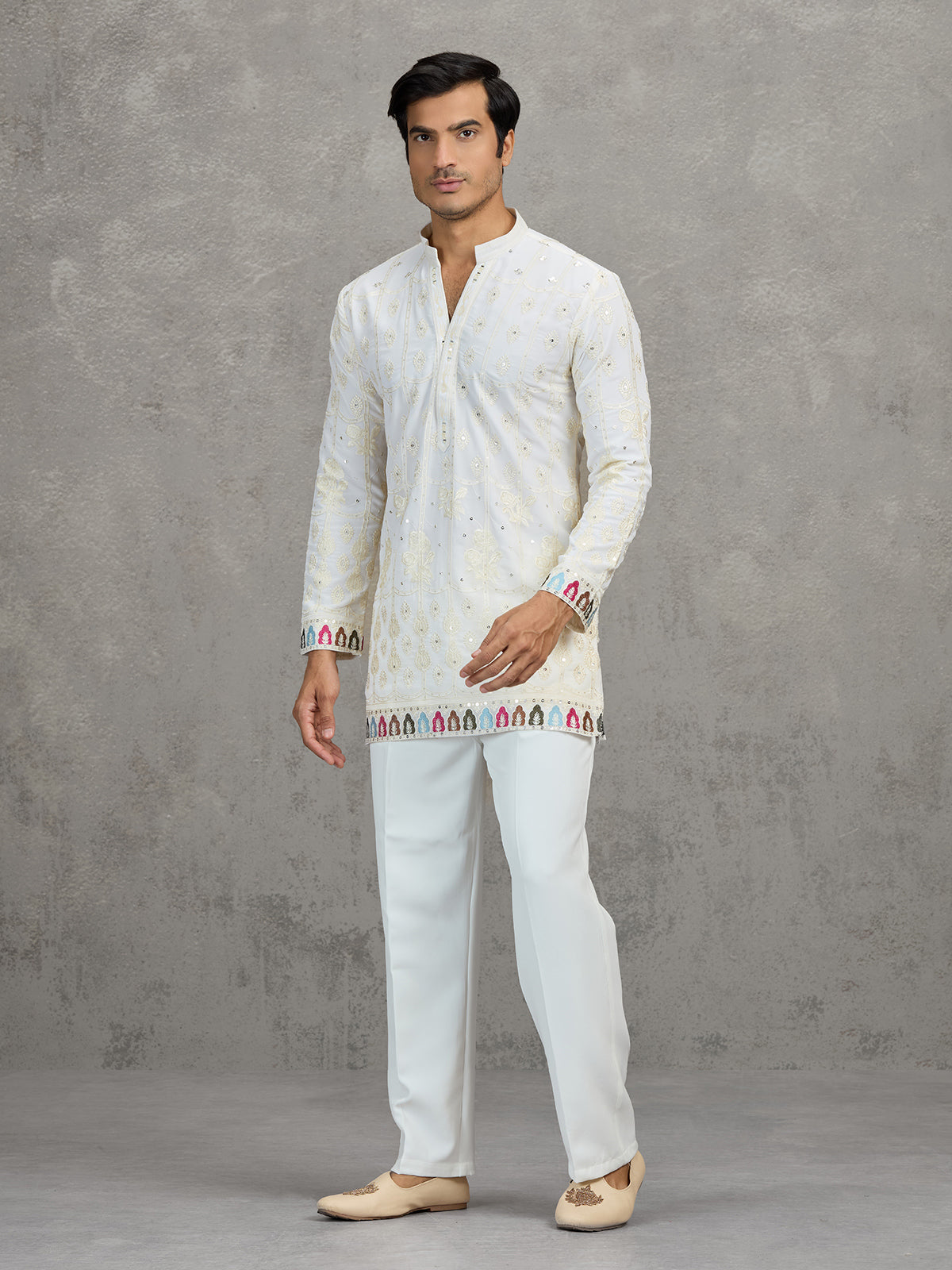 Cream short silk embroidered festive kurta suit