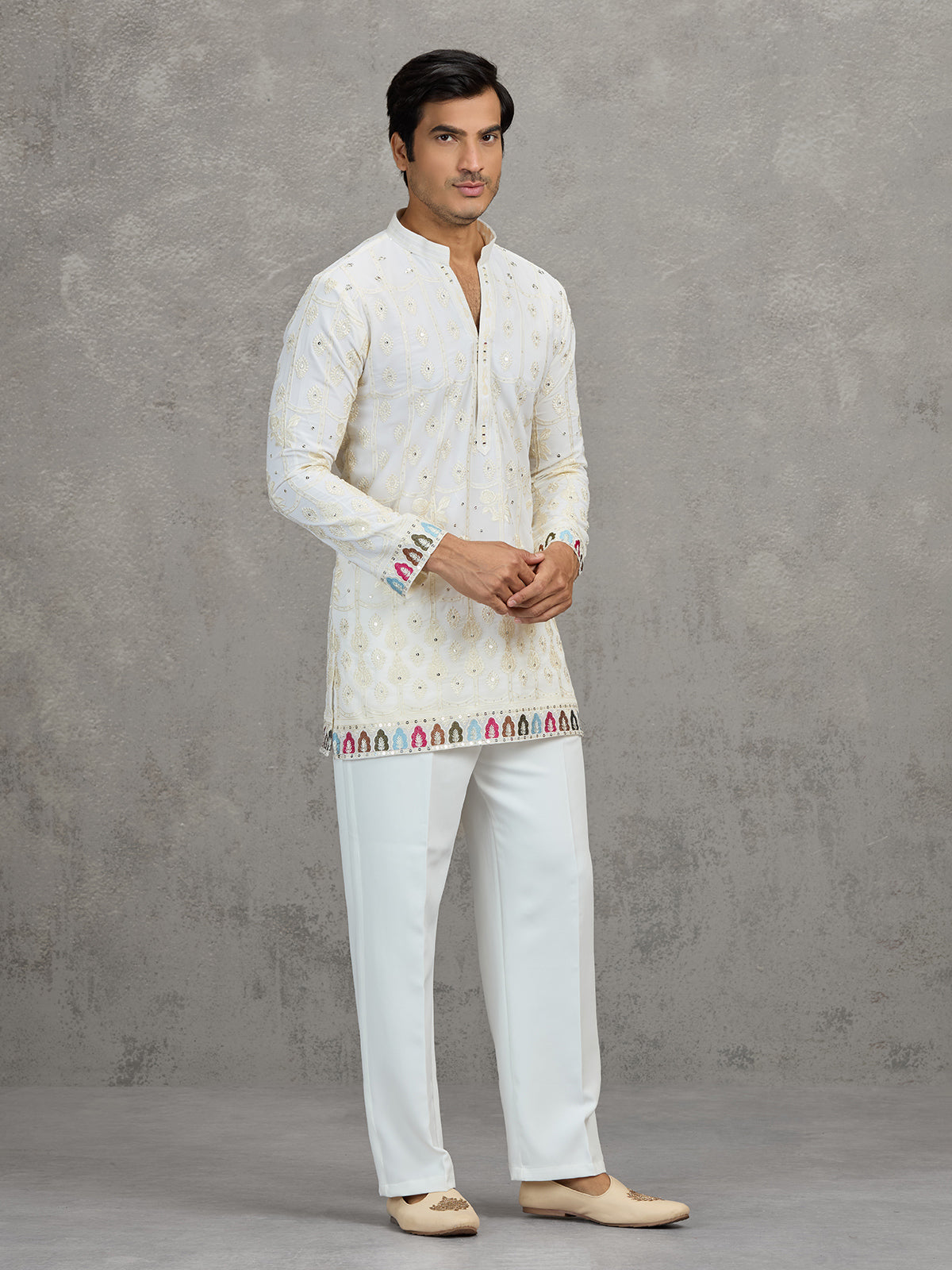 Cream short silk embroidered festive kurta suit