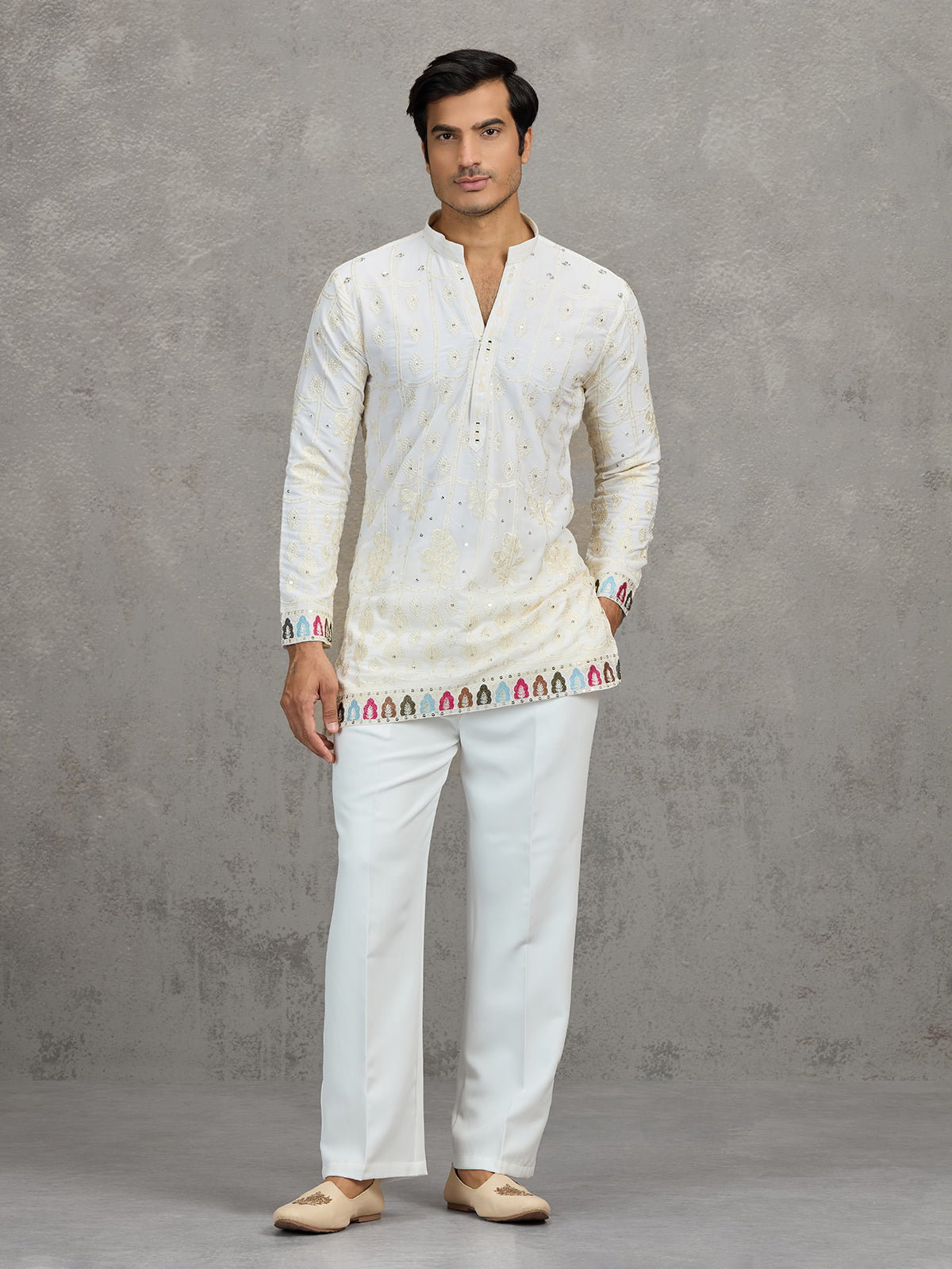 Cream short silk embroidered festive kurta suit