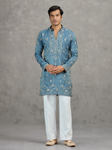 Pastel stone grey tissue embroidered festive kurta suit