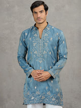 Pastel stone grey tissue embroidered festive kurta suit