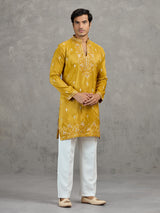 Mustard yellow tissue embroidered festive kurta suit