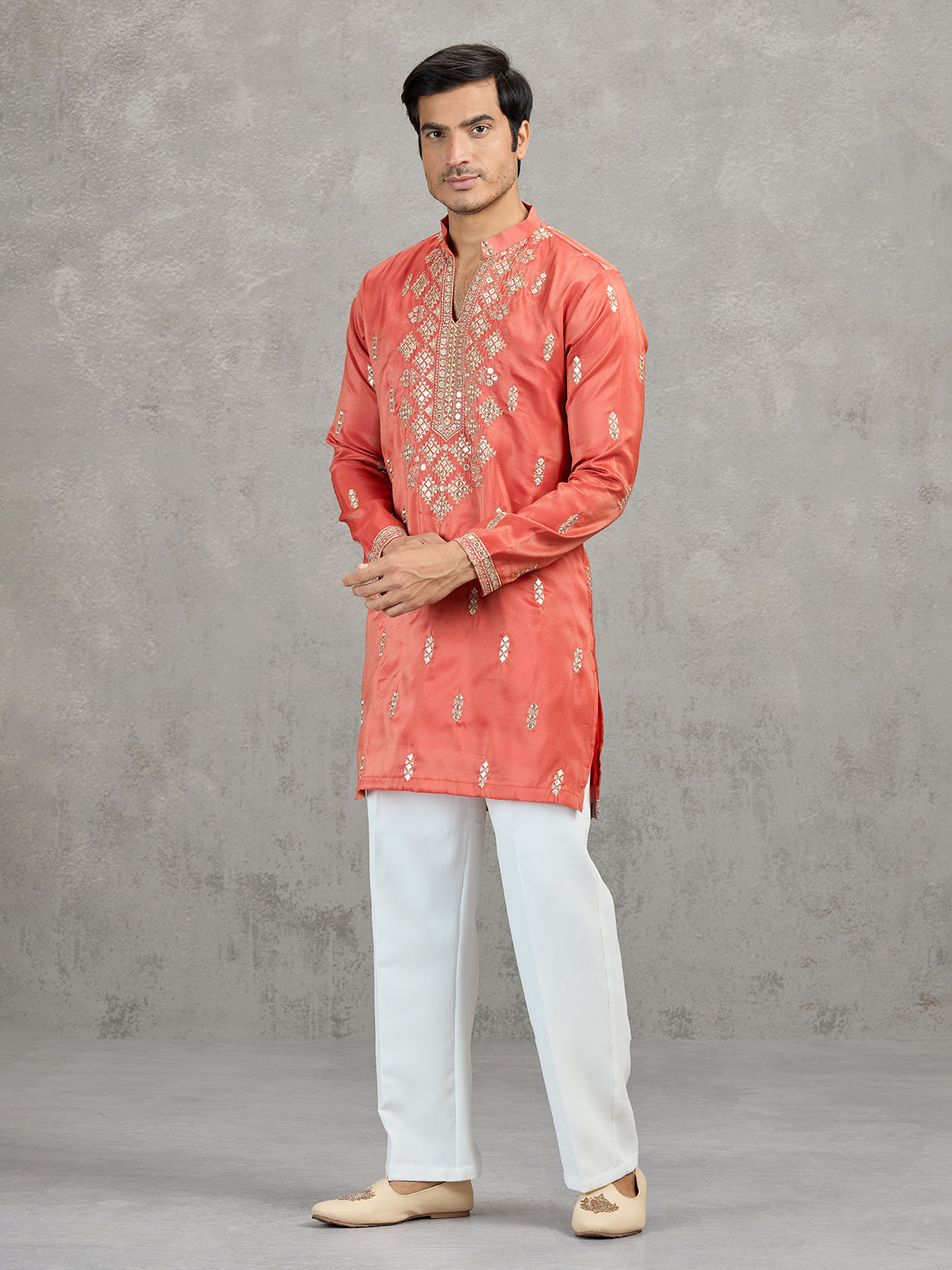 Orange tissue embroidered festive kurta suit