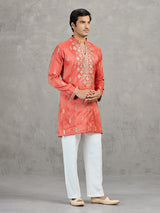 Orange tissue embroidered festive kurta suit