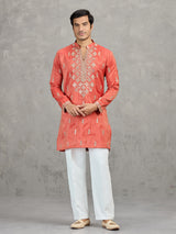 Orange tissue embroidered festive kurta suit