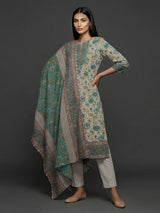 Blue off white cotton silk yoke style festive kurti set