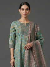 Mint blue cotton silk yoke style printed festive kurti set