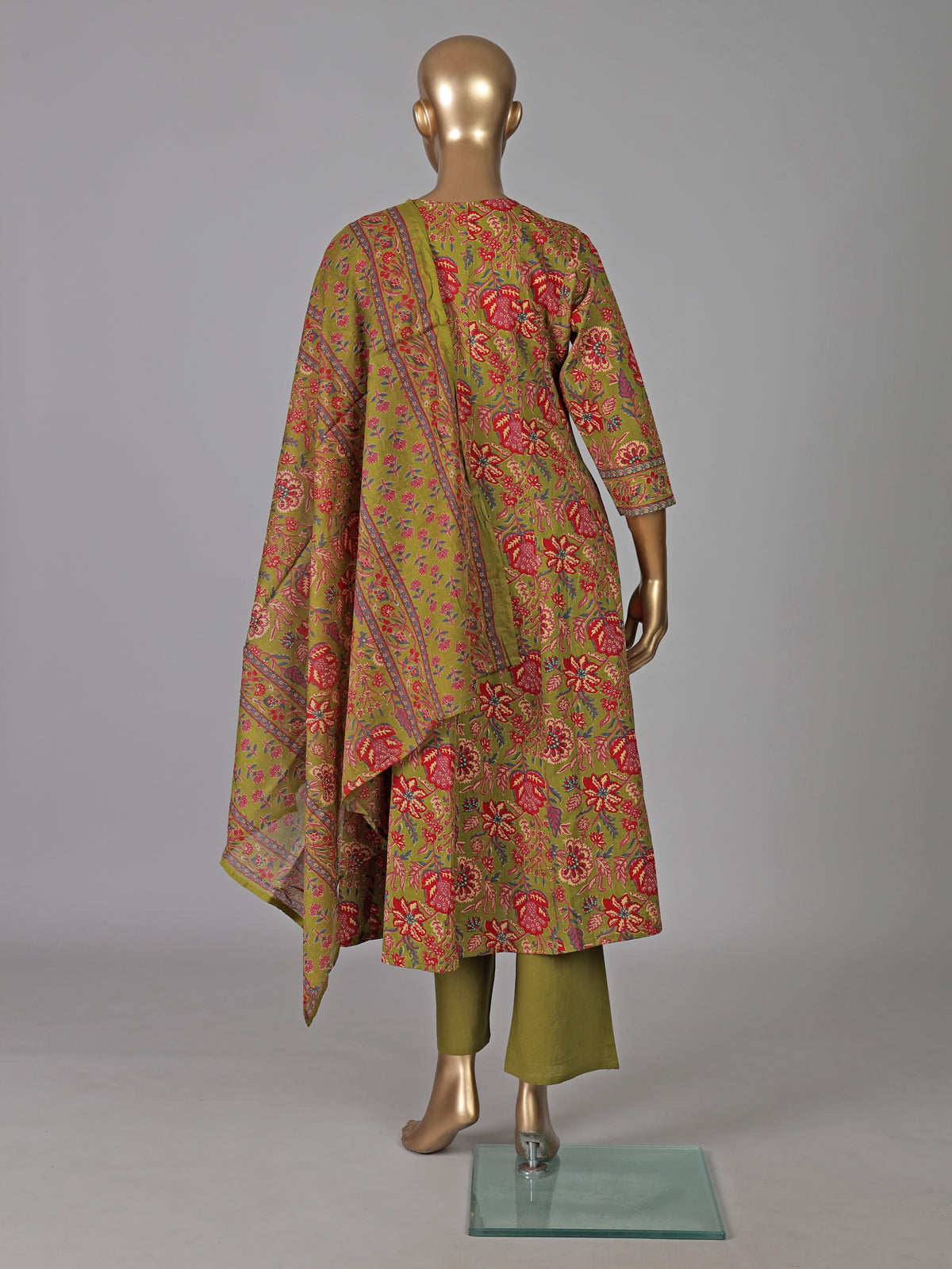 Mehendi green cotton kurti set with printed dupatta