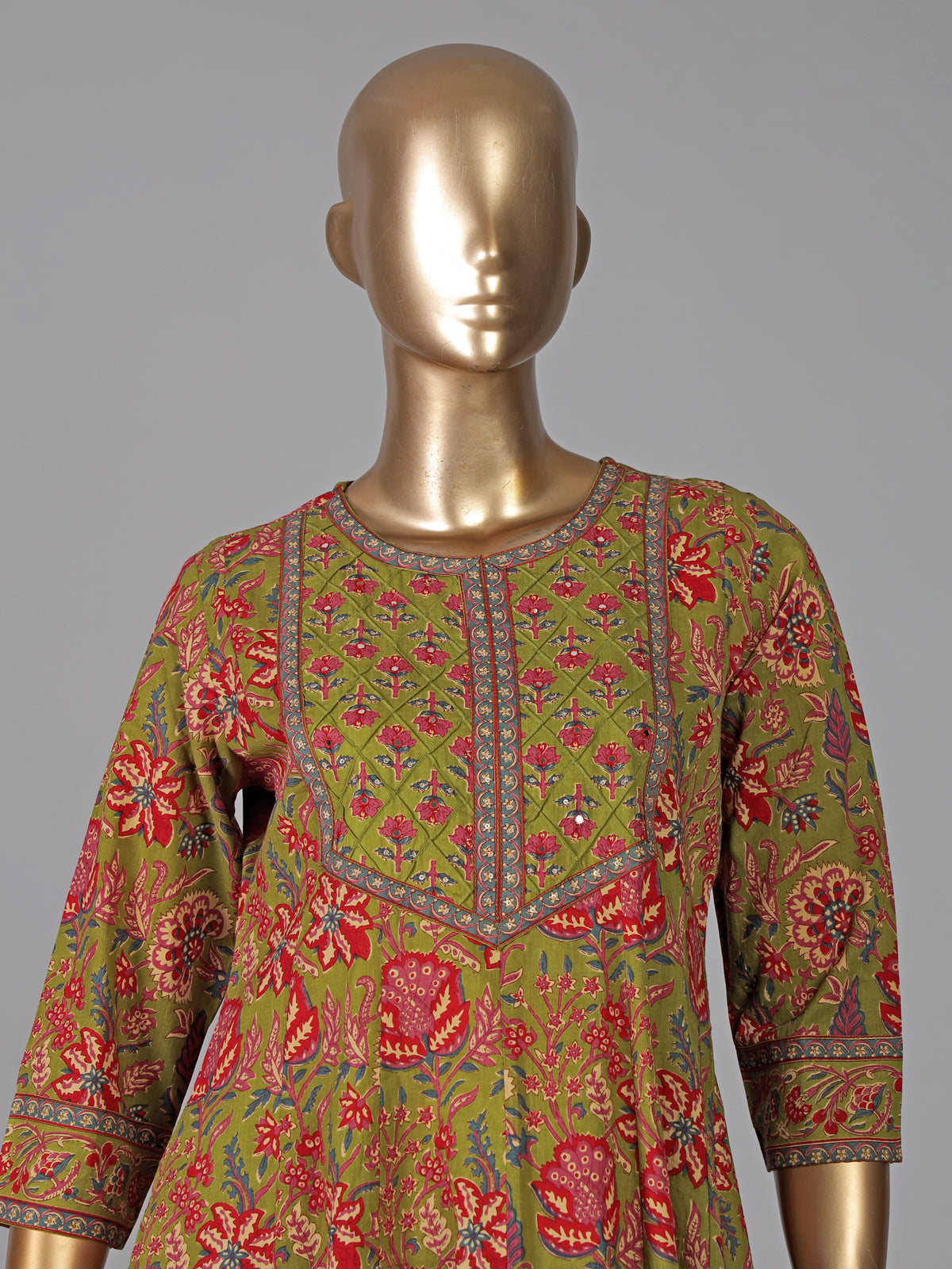 Mehendi green cotton kurti set with printed dupatta