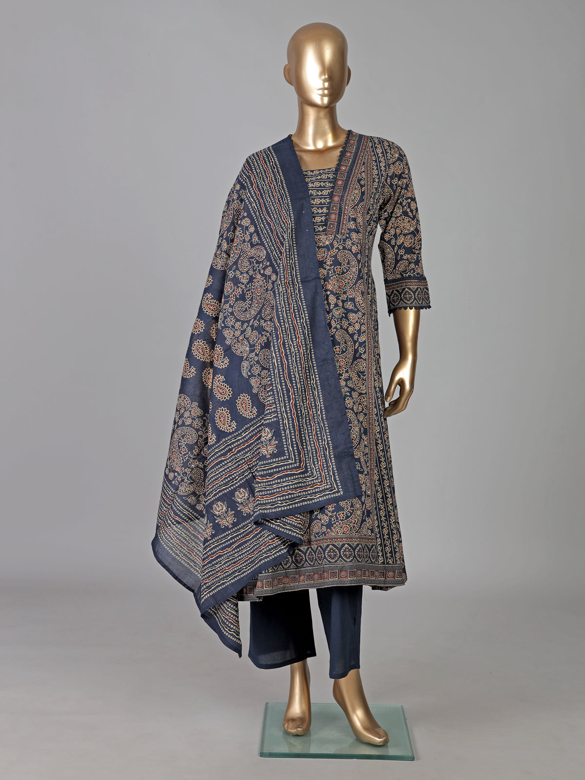 Navy printed cotton kurti set with dupatta for women