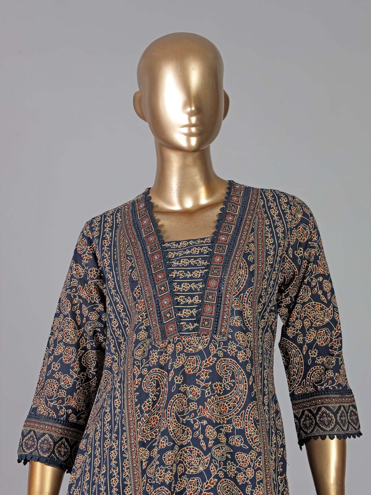 Navy printed cotton kurti set with dupatta for women