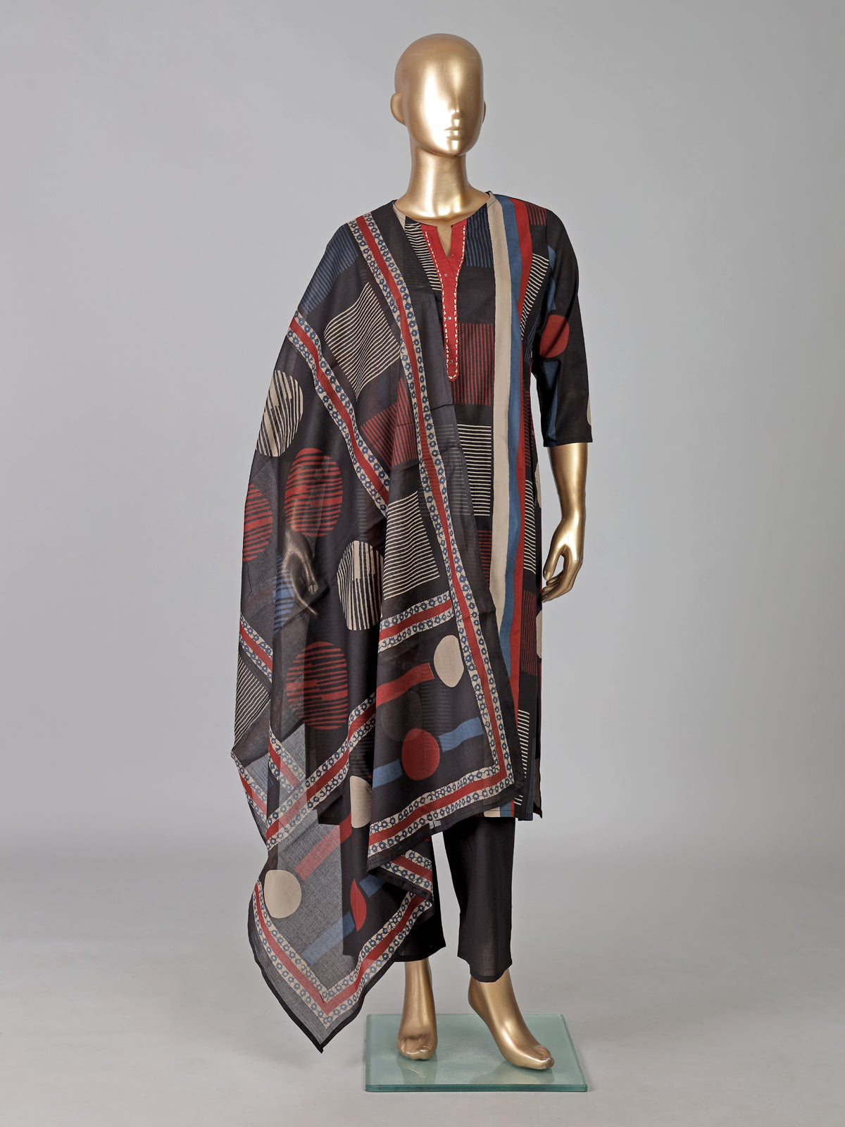 Black straight cut cotton kurti set