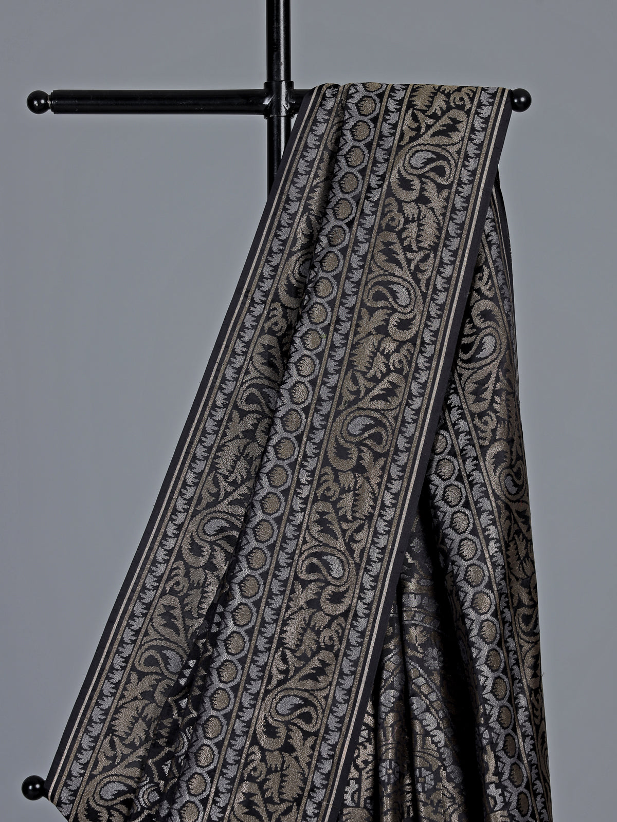 Black banarasi silk saree with geometric zari weave
