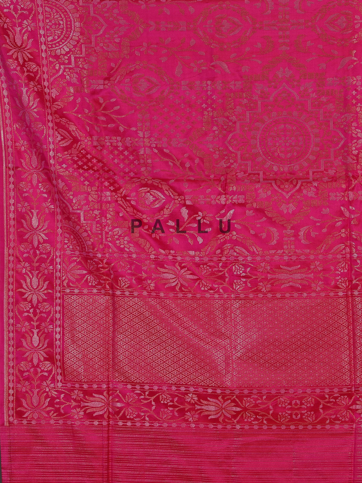Rani pink banarasi silk saree with floral zari artistry