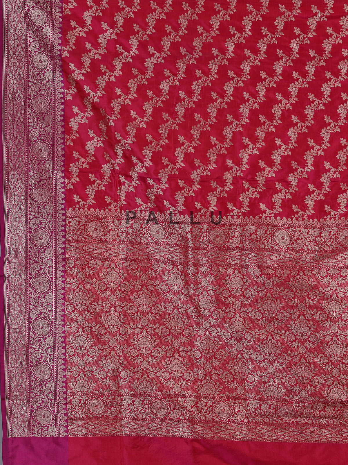 Crimson red banarasi silk saree with classic zari motifs