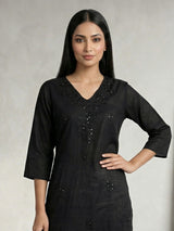 Black cotton silk embroidered work straight cut kurti