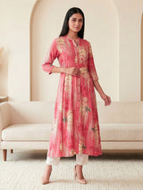 Pink silk floral printed casual wear kurti design