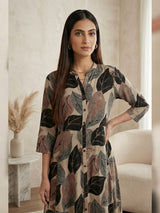 Beige silk printed casual stand collar kurti design