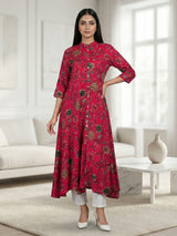 Magenta silk floral printed casual wear kurti style