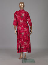 Magenta floral printed cotton silk a line kurti