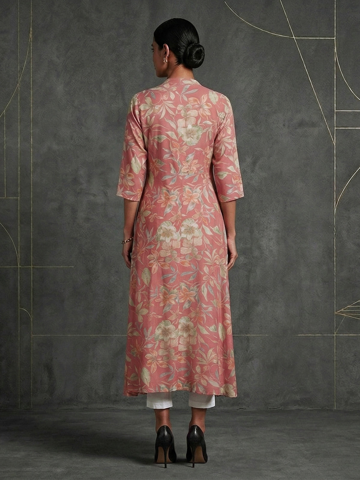 Onion pink floral printed cotton silk a line kurti