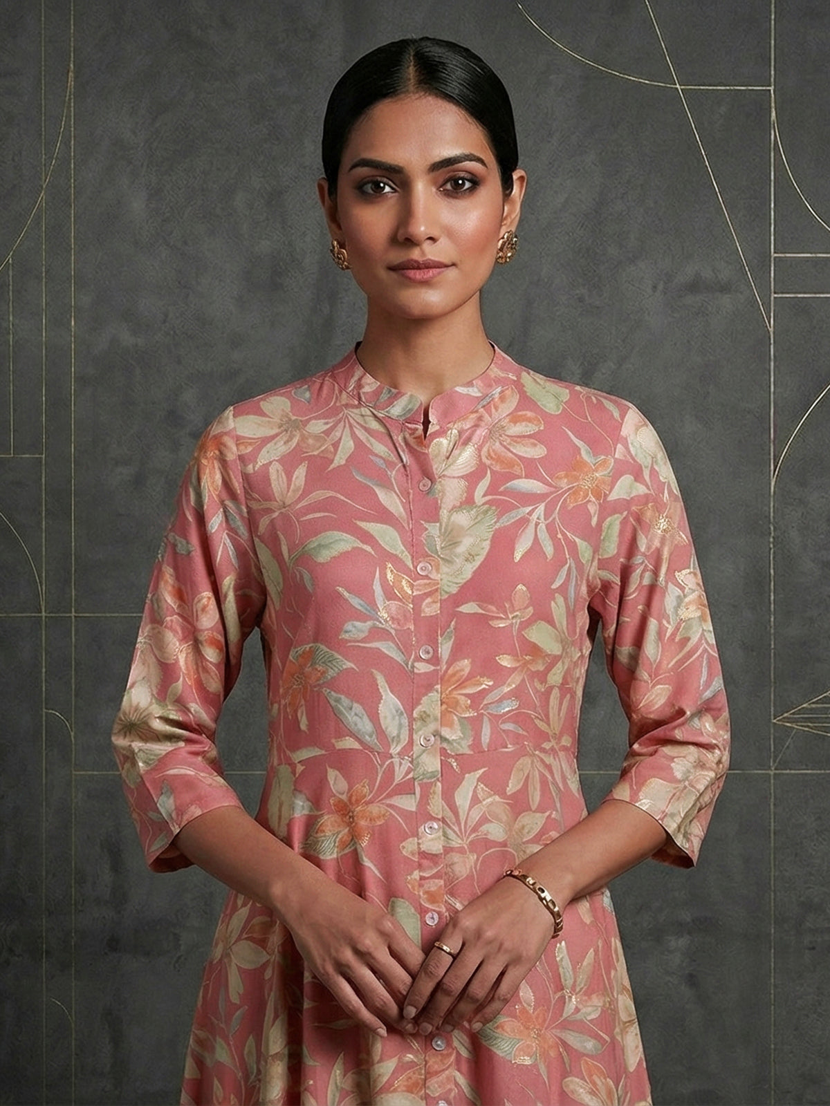 Onion pink floral printed cotton silk a line kurti