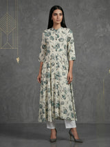 Off-white floral printed cotton silk a line kurti