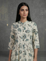 Off-white floral printed cotton silk a line kurti