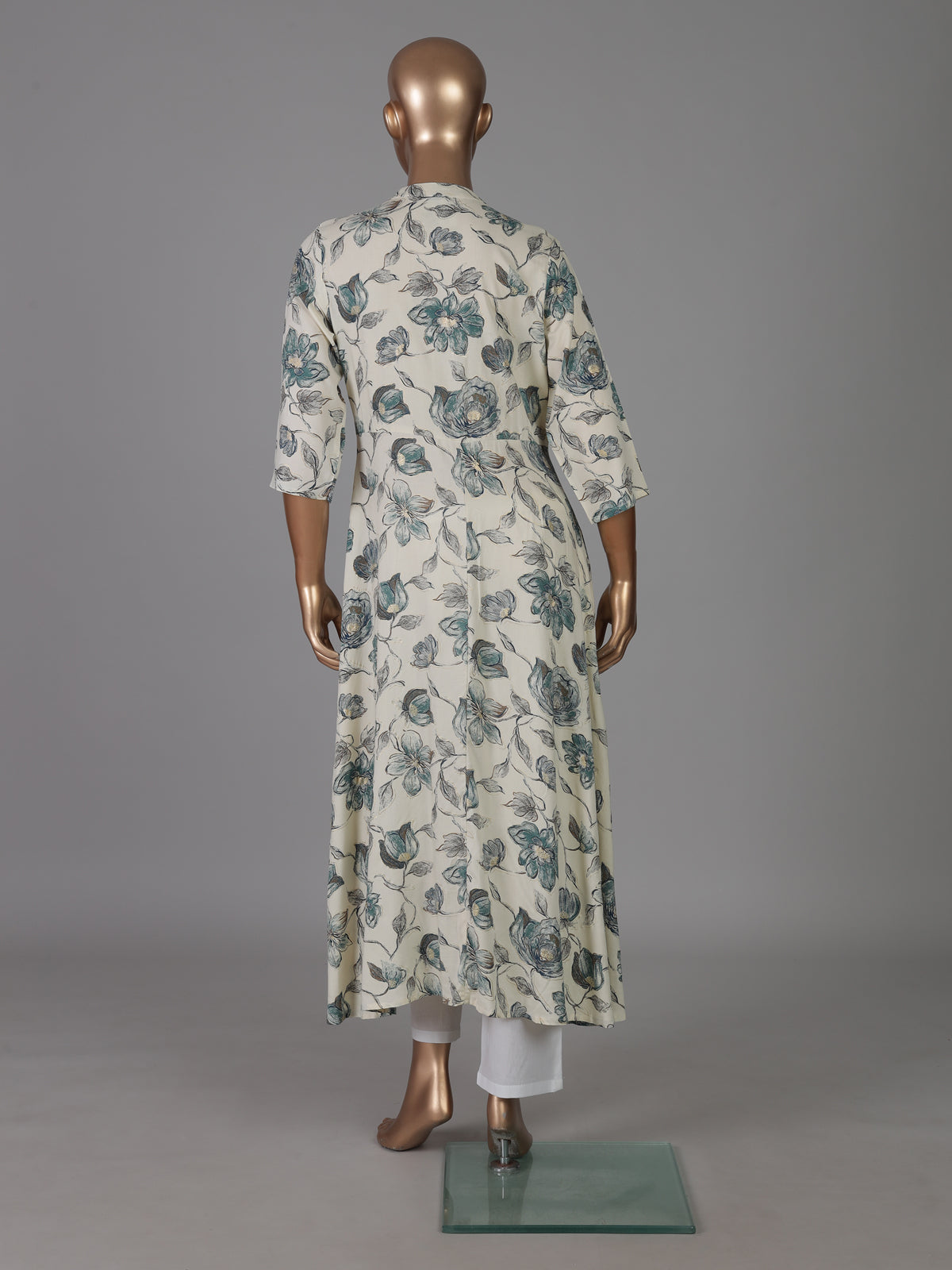 Off-white floral printed cotton silk a line kurti