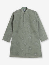 Sage green cotton linen floral thread festive kurta suit