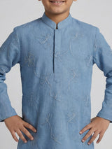 Sky blue cotton linen floral thread festive kurta suit