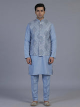 Stone blue embroidered nehru jacket style waistcoat set