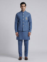 Blue linen embroidered festive waistcoat set for men