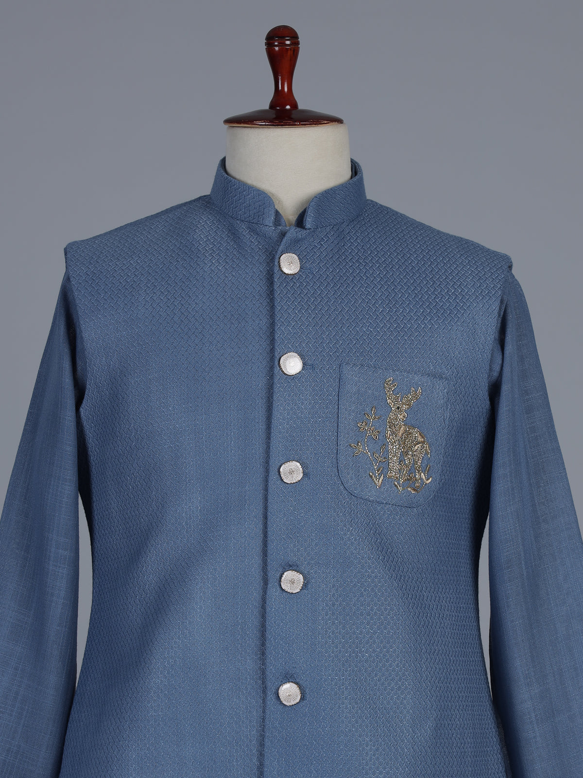Blue linen embroidered festive waistcoat set for men