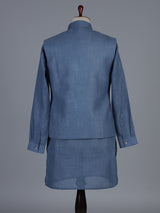 Blue linen embroidered festive waistcoat set for men